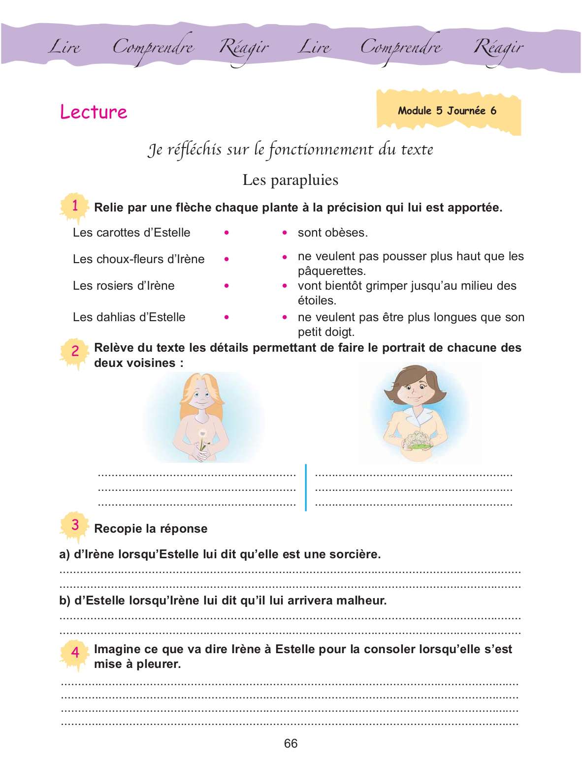 Cahier d'activités, page 66 : « Je réfléchis sur le fonctionnement du texte » — Les parapluies